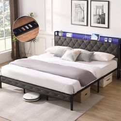 King Size Bed Frame with Charging Station and LED Lights, Platform Bed w/Headboard Storage, Heavy Duty Metal Slats, No Box Spring Need, Dark Gray
