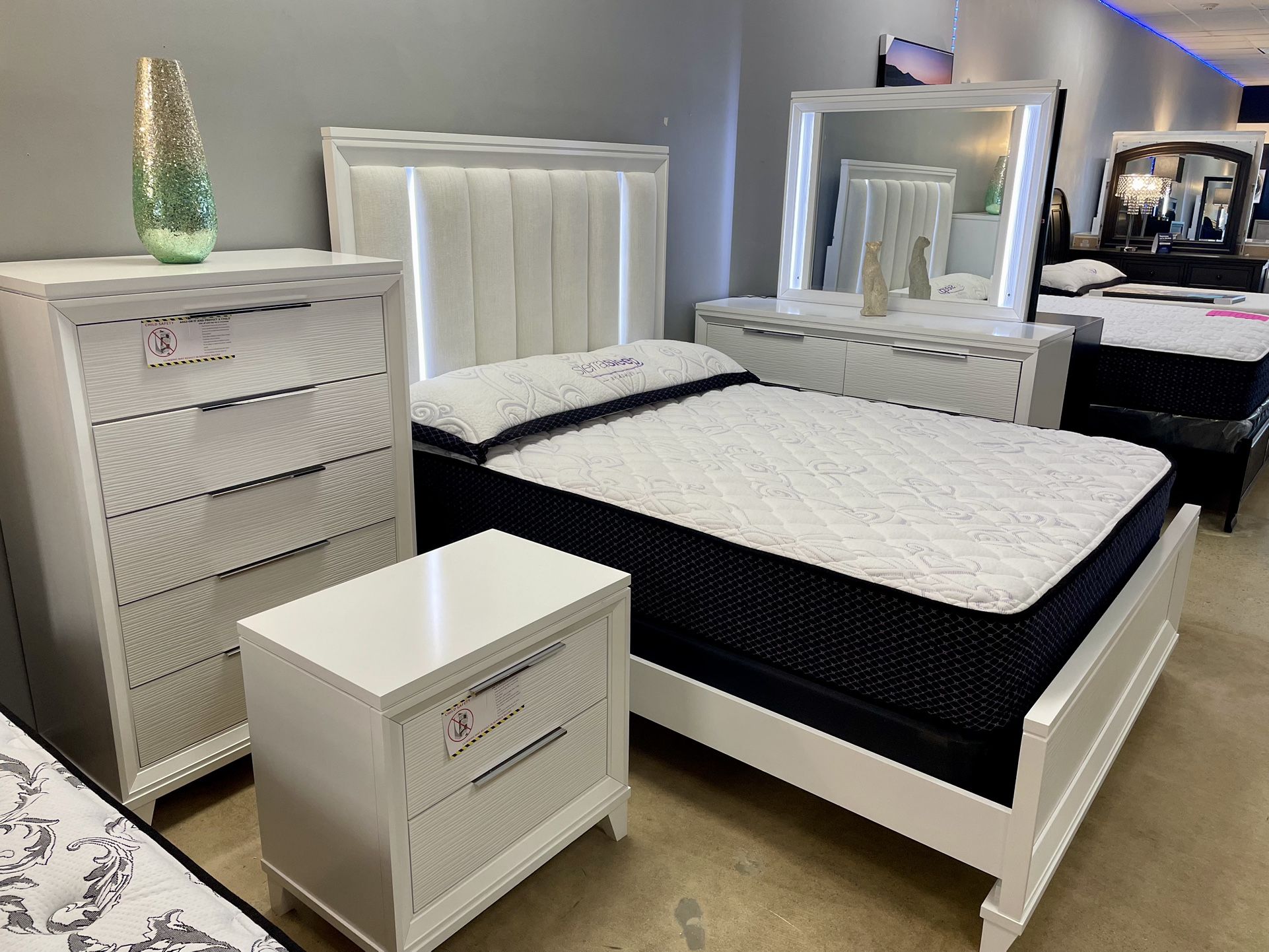 Cressida White Led Panel Bedroom Set, Mattress, Bed Frame, Dresser, Nightstand, Mirror Options