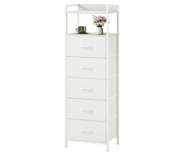 White Tall Night Stand for Bedroom,Tall 5 Drawers Dresser, Vertical Storage Tower Unit, Nightstand Furniture with Fabric Drawer Organizer in Bedside K