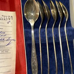Vintage Soviet Silver Plated Tea Spoon Set (6) – USSR – Original Box & Receipt
