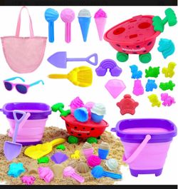 Collapsible Beach Toys Set for Kids 3-5|22 PCS Ice Cream Sand Toys with Collapsible Beach Bucket|Unicorn Sand Mold|Strawberry Ice Cream Cart|Mesh Bag|