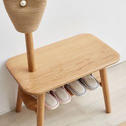 (Natural Color) Natural Solid Wood Shoe Stool With Cloth Hanger, Mid-Century Modern Storage Bench for Entryway and Living Spaces