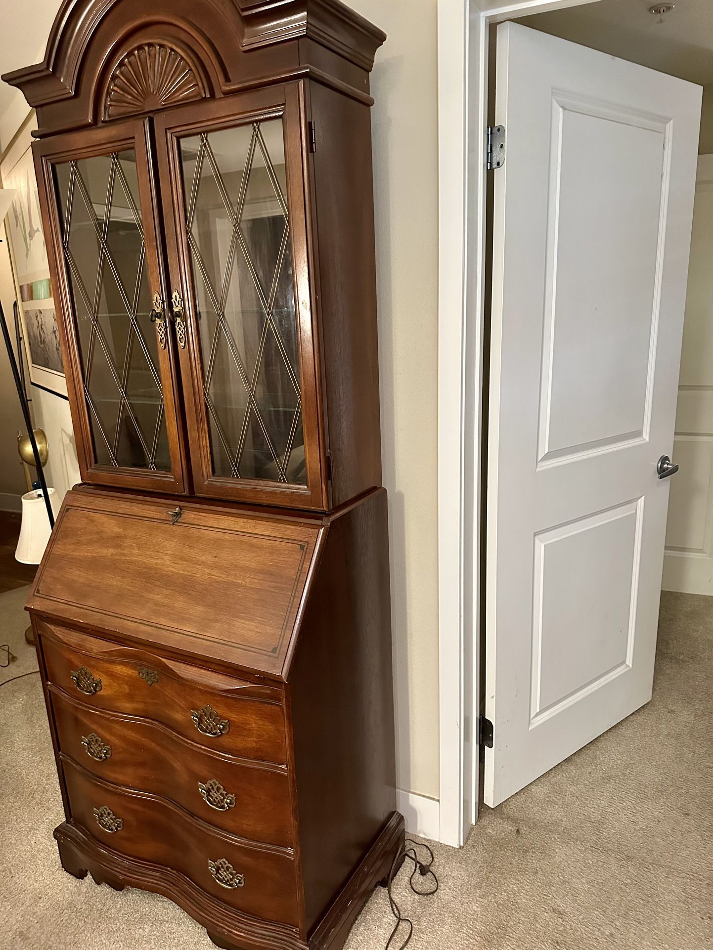 Antique Secretary Desk With Bookcase Glass Shelves