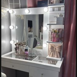 White Vanity with Desk and Right side Shelf