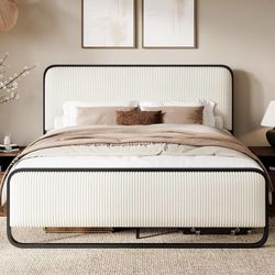 Full Size Metal Bed Frame with Upholstered Headboard, Cream Curved Upholstered Headboard and Footboard, Large Under Bed Storage, No Box Spring Needed