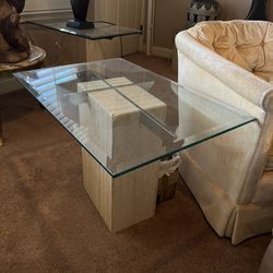Two End Tables And Coffee Table. Glass And Marble