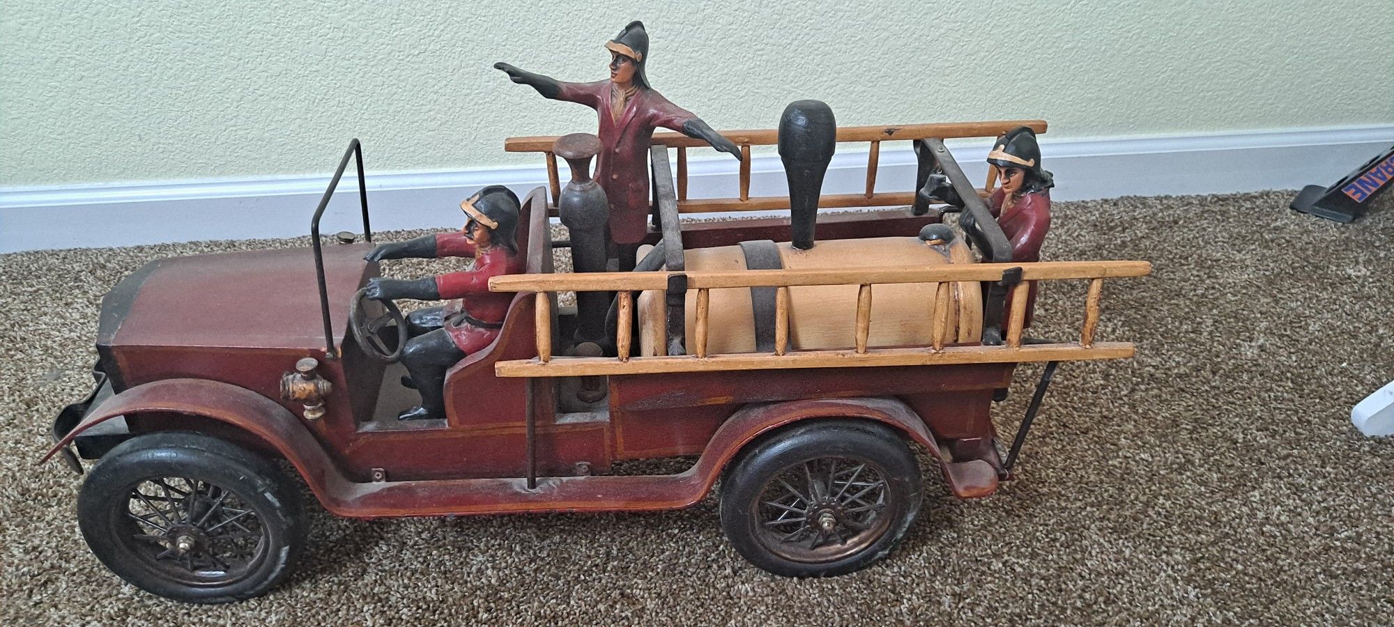 Leonardo Luna Hand made Wooden Metal Toy Fire Truck With Three Fire Fighters