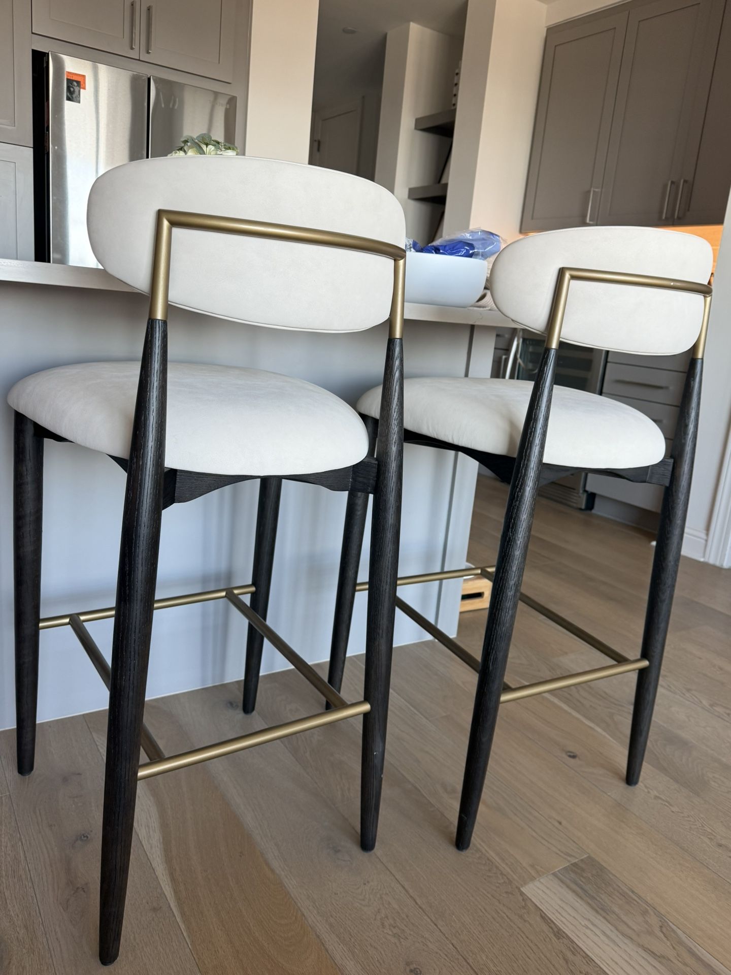 2 Restoration Hardware White Leather and Black Oak Barstools