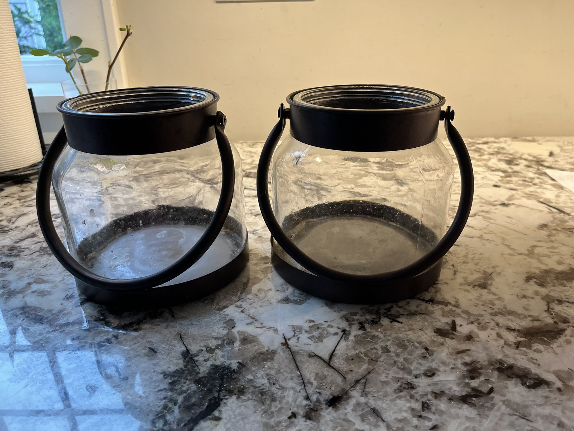 Pair Of Metal And Glass Containers With Handles