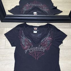 Y2K 2000s Women’s Flaming Harley Davidson SpellOut Chopper Shirt 