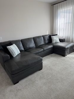 Living Spaces Custom Designed Gray Leather Sofa