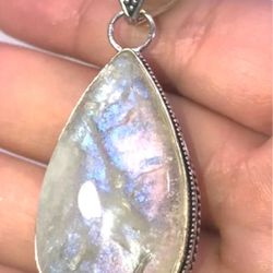 Natural Fiery Rainbow Moonstone Teardrop Shape & .925 Stamped Sterling Silver Necklace NEW!