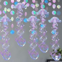 10 Pcs Glitter Iridescent Jellyfish Hanging for Under The Sea Party Decorations Jellyfish Decor Circle Garlands Iridescent Circle Dots for Ocean Merma