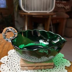 Vintage Antique Forest Green Glass Candy Dish with Clear Handle 