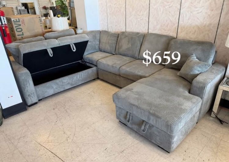 XL Sectional Sofa With Pull-out Bed & Storage Grey Corduroy NEW
