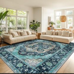 Area Rugs 9'x12' Washable Non-Slip, Floral Vintage Distres