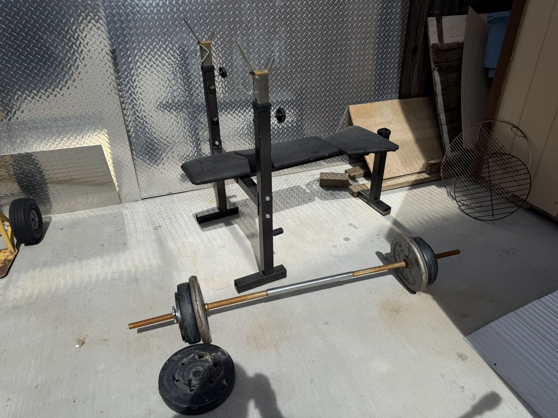 Weights, Bar And Bench. 130 Lbs.