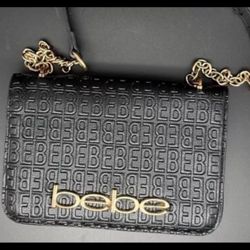 Bebe Womens Crossbody Bag Logo black Gold embossed Celia shoulder chain bag