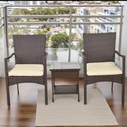 FDW Set of 3 Outdoor Furniture Set Patio Furniture Set Brown Conversation Set with 2 Rattan Chairs Glass Coffee Table , Khaki  Brand new in box - Asse