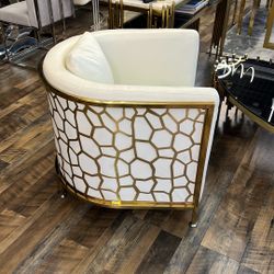 Armchair White Leather With Gold Design On Back 