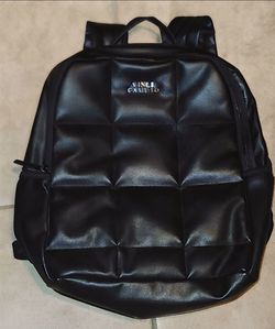 VINCE CAMUTO BLACK QUILTED PUFFER FAUX LEATHER BACKPACK BAG PURSE SILVER HARDWARE HANDBAG