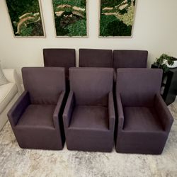 Six Restoration Hardware ELLISON HIGH-BACK TRACK ARM FABRIC DINING ARMCHAIR in twilight color. Dining chairs. RH