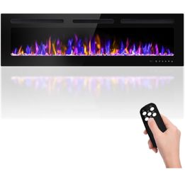 60" Electric Fireplace Wall Mounted and Recessed with Remote Control, 750/1500W Ultra-Thin Wall Fireplace Heater W/Timer Adjustable Flame Color and Br