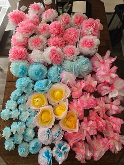 Paper flowers and ruffle streamers