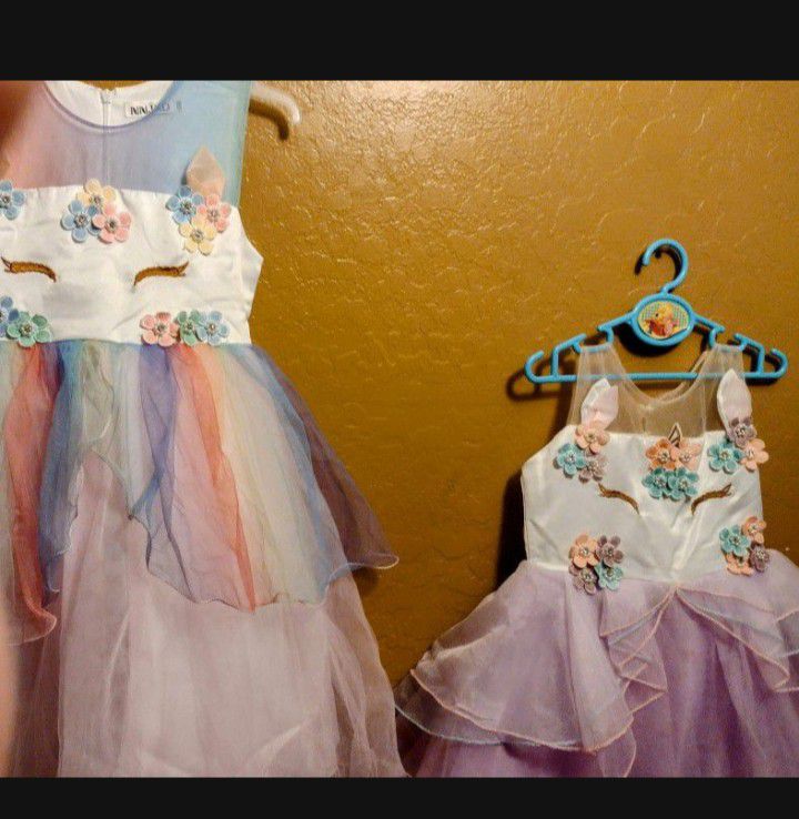 2-TWIN Pretty Rainbow Unicorn Sleeveless Costume Dresses