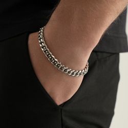 Silver Stainless Steel Mens Bracelet Chain Cuban Link Chain Bracelet