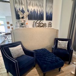 2 Navy Velvet Accent Chairs & 1 Ottoman