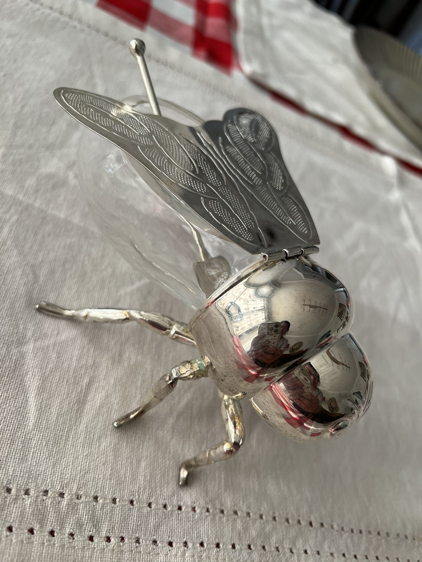 Vintage 1997 Silver Plate and Glass Flgural Bee Honey Dish .
