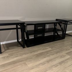 Black Glass TV Stand + Matching Nightstands (Set)