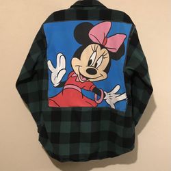 Custom Disney Vintage Minnie Mouse Patch Print Flannel Green Shacket Mens Medium
