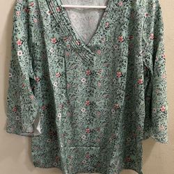 Charming Sage Green Floral Faux Wrap Blouse – Cottagecore Vibes! Size XL  
