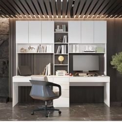 Double office desk with drawers and shelves, home office desk with doors and shelves $320