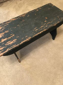 Antique Vintage Green Wood Farm Bench. Primitive style. 36 inches long by 15 inches wide by 18 inches tall.
