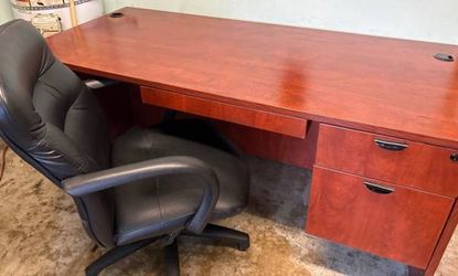 Desk and High Back Executive black leather chair with cushion support
