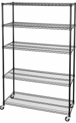 5-Tier Black Wire Shelving Unit with Wheels