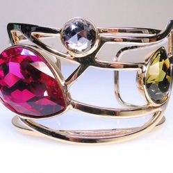 Statement Authentic Swarovski Crystal Swan Logo Runway Faceted Fuchsia ,Peridot, Pale Lavender, crystals Gold Plated Cuff Bracelet