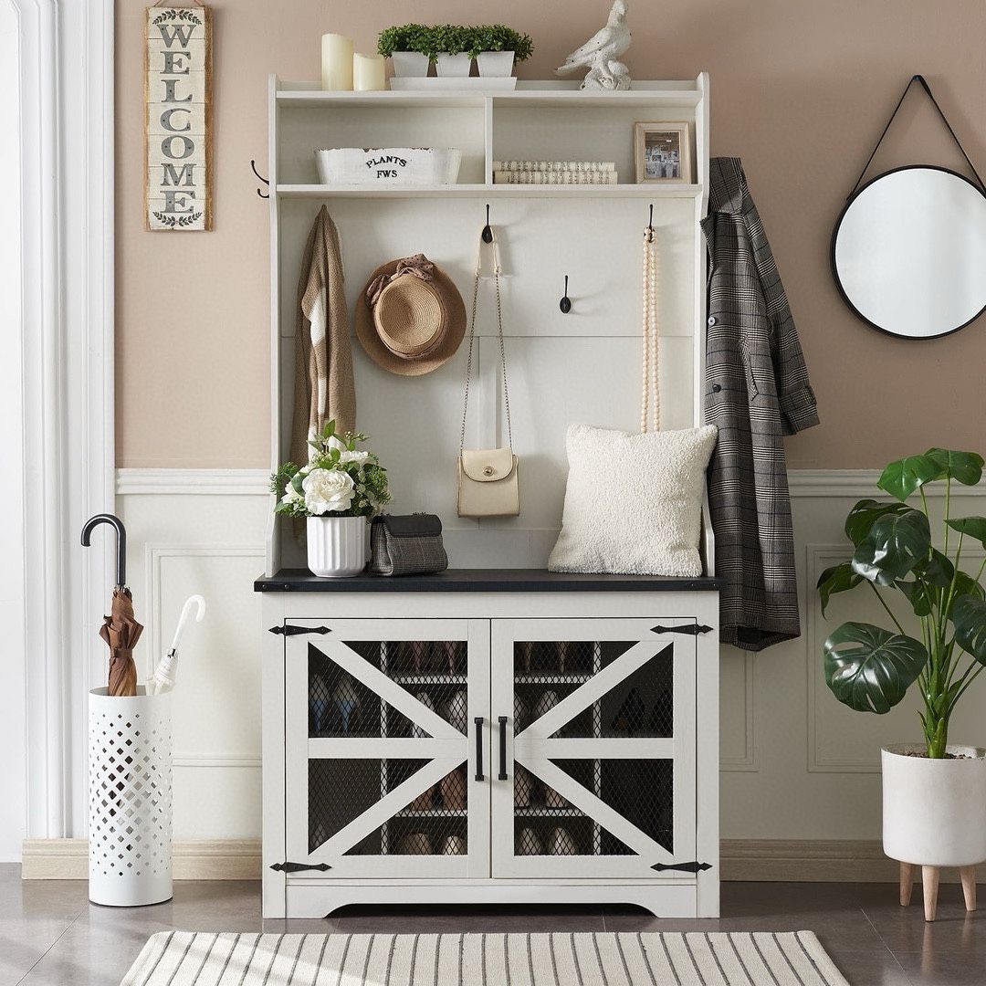 Farmhouse Hall Tree with Shoe Cubbies & Coat Hooks, Entryway Storage Bench, White