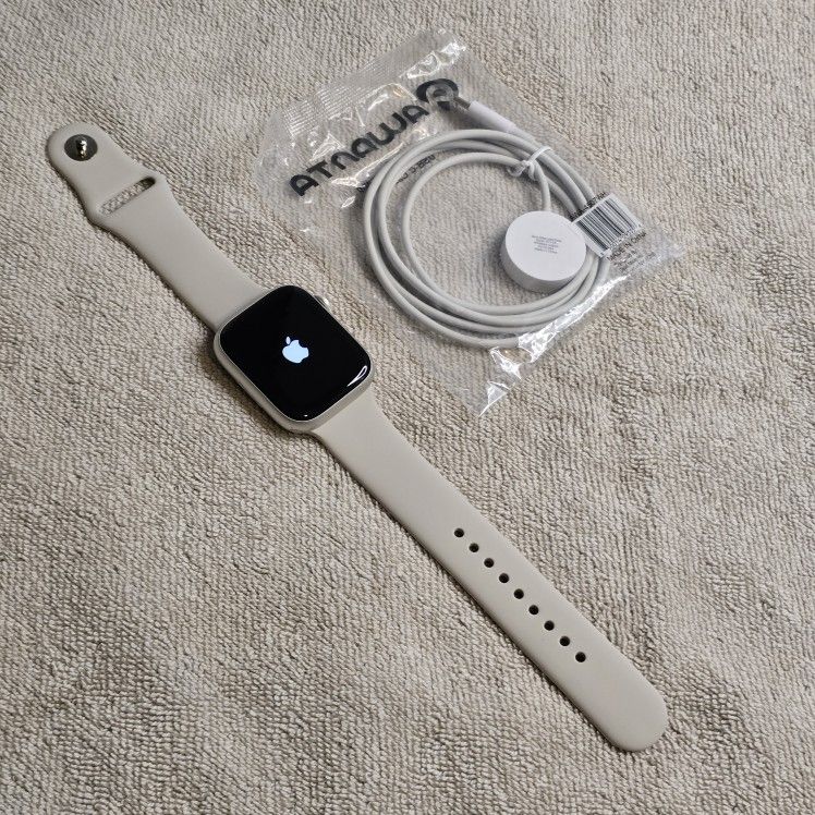Unlocked Apple Watch Series 7 45MM Starlight Aluminum Starlight Sport Band A2477