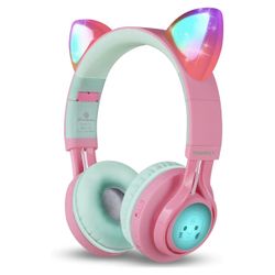 Riwbox CT-7 Cat Ear Bluetooth Headphones, LED Light Up Bluetooth Wireless Over Ear Headphones with Microphone and Volume Control for Travel/School/Sma