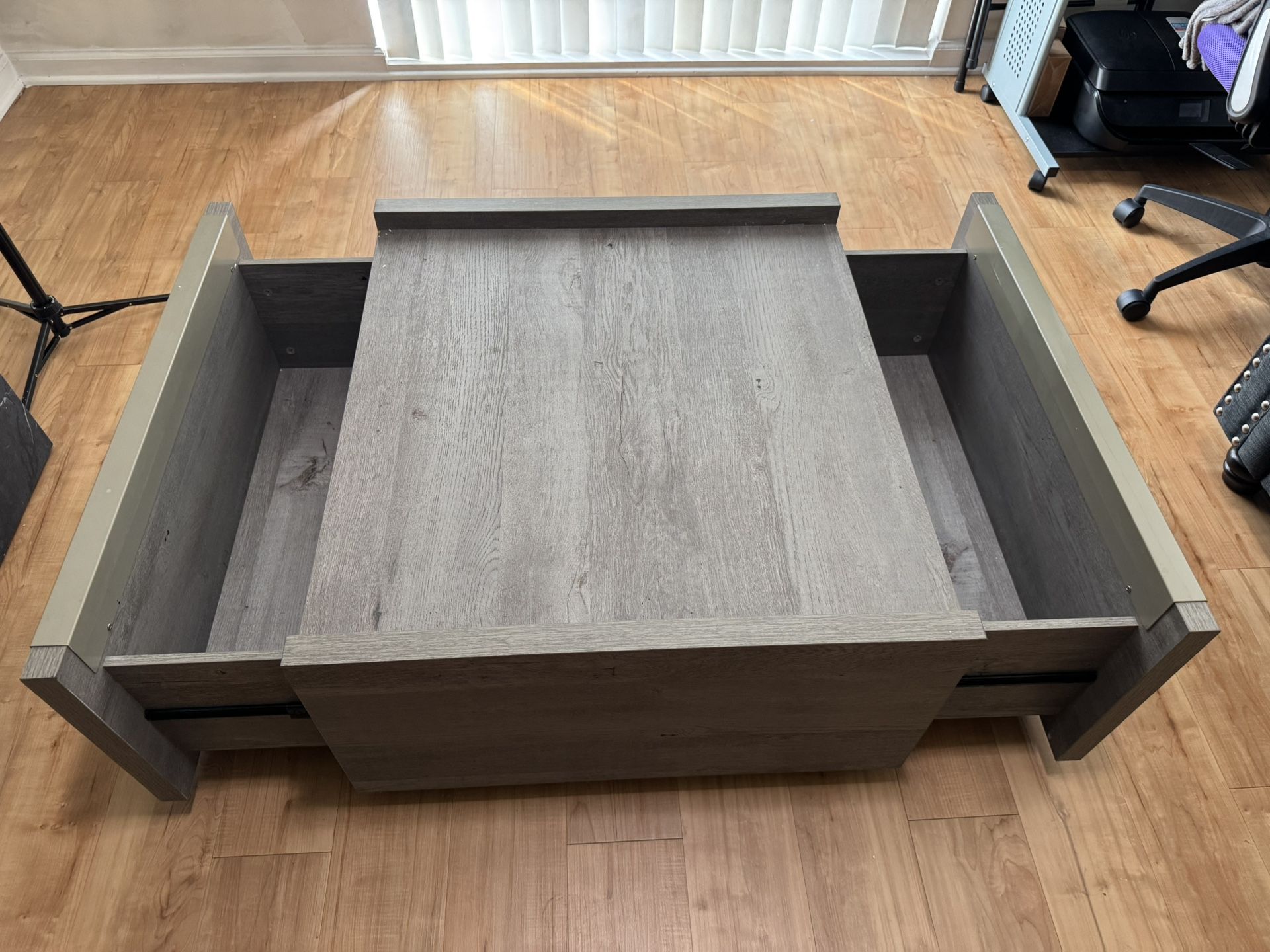 Sauder Manhattan Gate Square Coffee Table, Mystic Oak, 2 Drawers, Modern Farmhouse