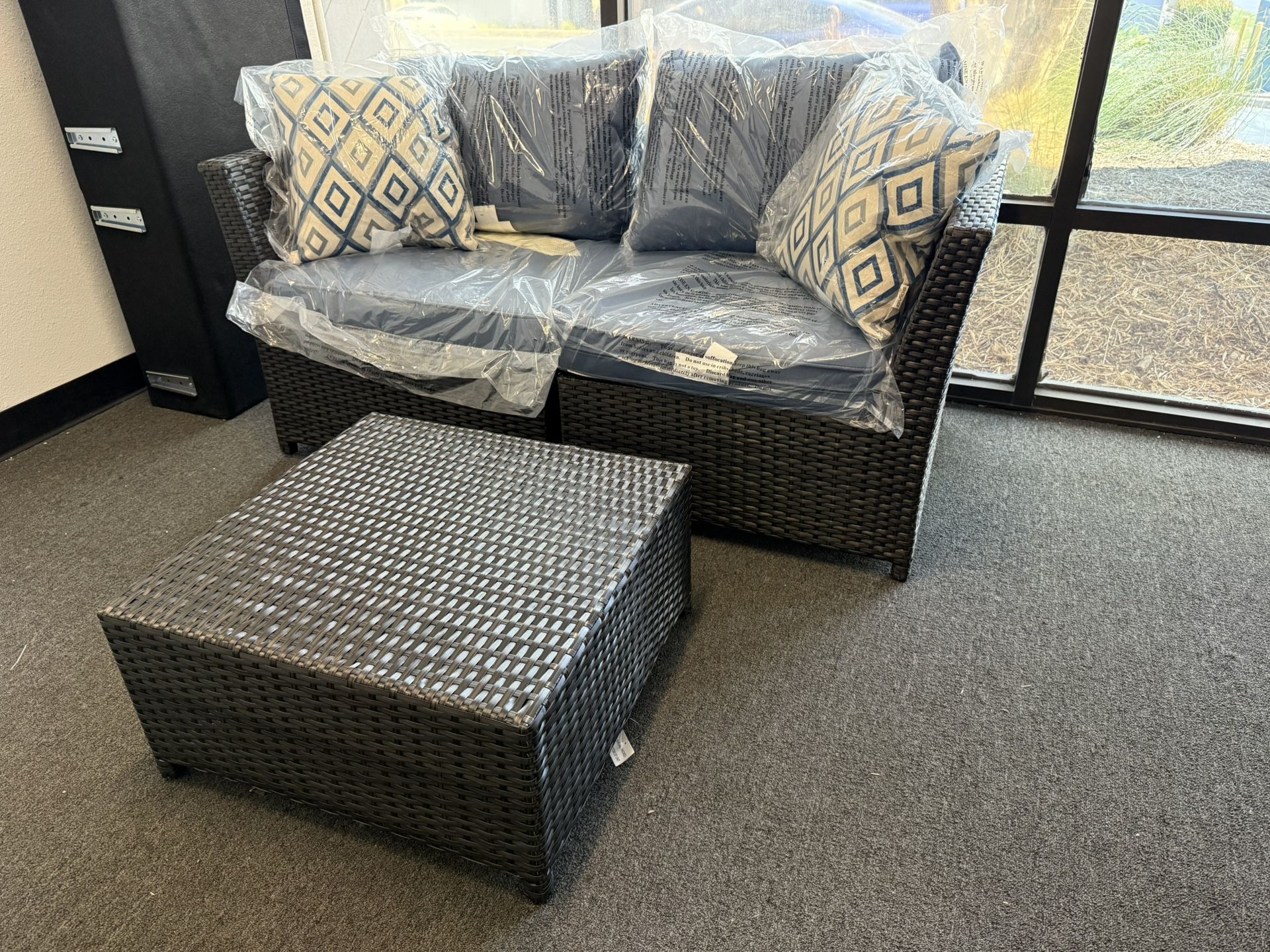 Pouuin 3 Piece Rattan Patio Conversation Set with Blue Cushions