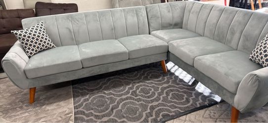 New Gray Velvet Mcm  Sectional Sofa with Wood Legs