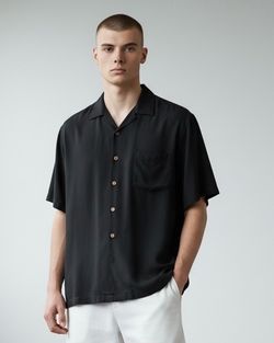 Three Palms Silk Shirt Men’s XL Black Button Up  Short Sleeve