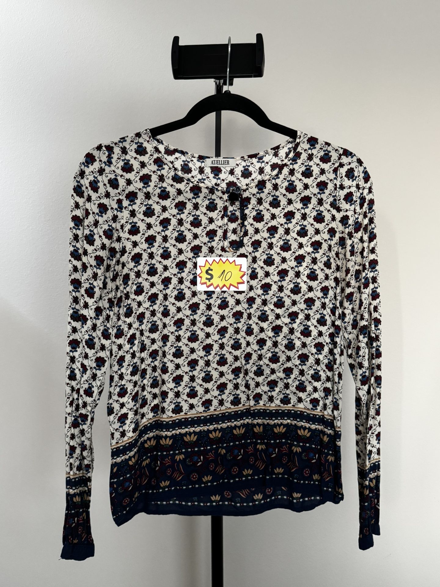 ATÆLLIER Floral Boho Blouse – Cream & Navy, Size S