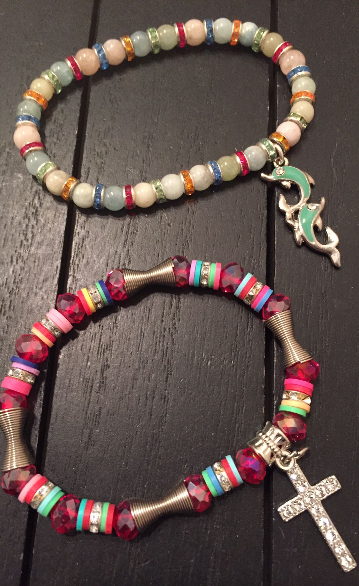 Combo Pack/Two 8.5 inch Expandable Charm Bracelets (Faith, Cross, Christian, Dolphin, Natural Stone, Swarovski)