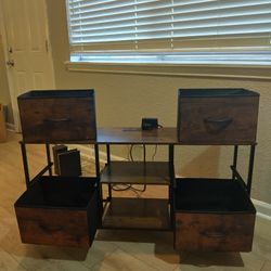 Metal And Wood Storage With Cubbies And Plugs